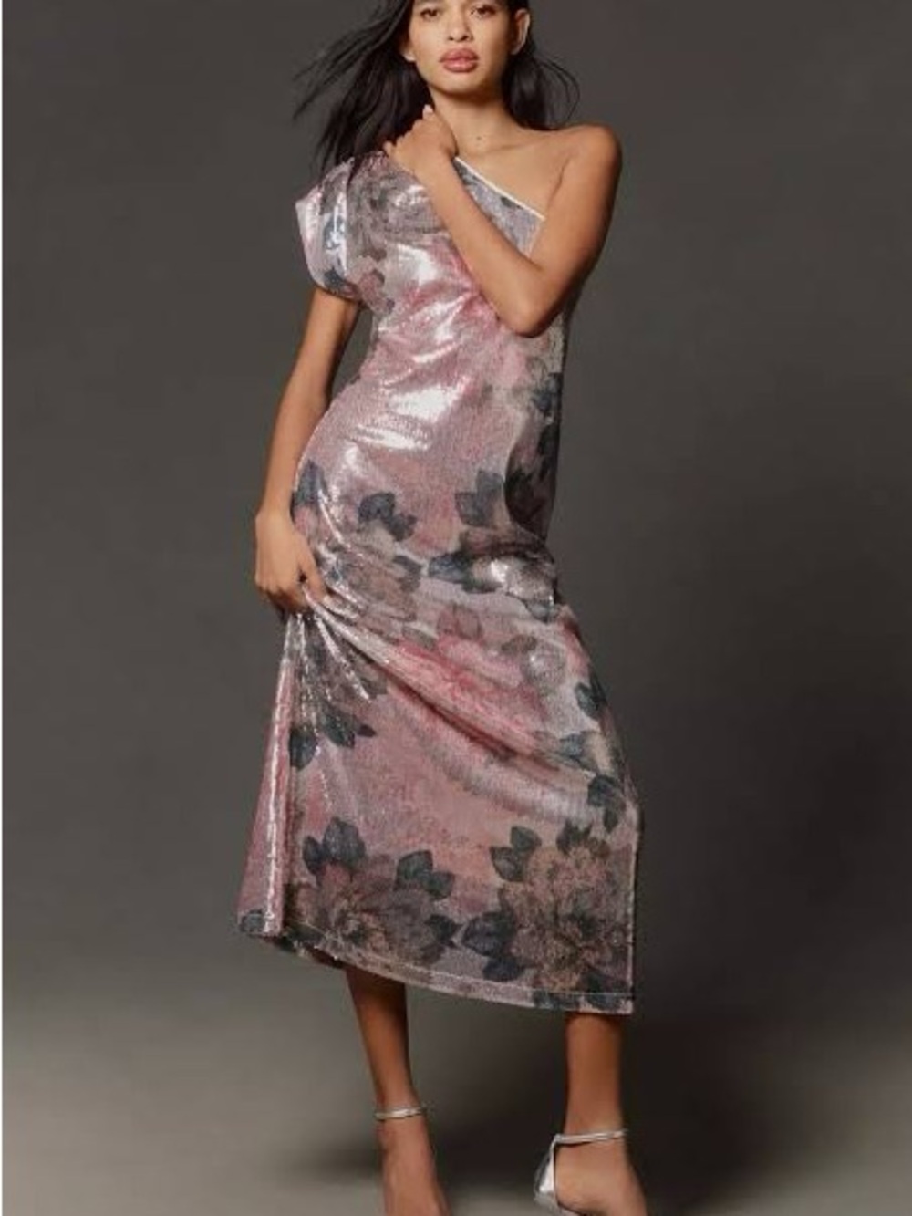 One-Shoulder Pink Floral Sequin Midi Dress